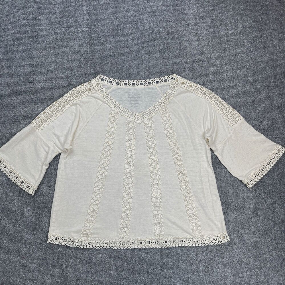 Chicos Top Sz 2P Womens Sz Large Petite Linen Blend Flare Sleeve Crochet Accent